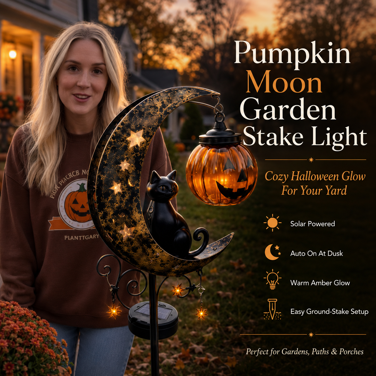 🐈‍⬛ Solar Halloween Garden Stake Light with Black Cat & Pumpkin