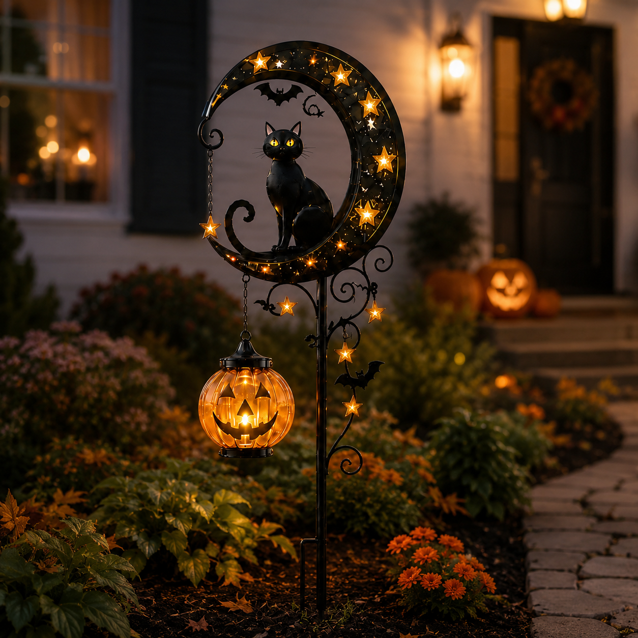 🐈‍⬛ Solar Halloween Garden Stake Light with Black Cat & Pumpkin