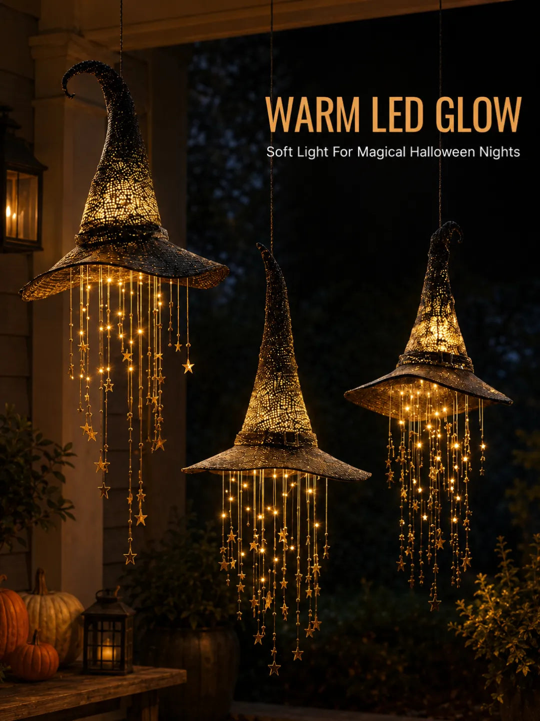 Lighted Hanging Witch Hats with Glowing Stars - Weatherproof LED Halloween Decor for Porch, Yard, Indoor