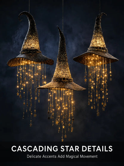 Lighted Hanging Witch Hats with Glowing Stars - Weatherproof LED Halloween Decor for Porch, Yard, Indoor