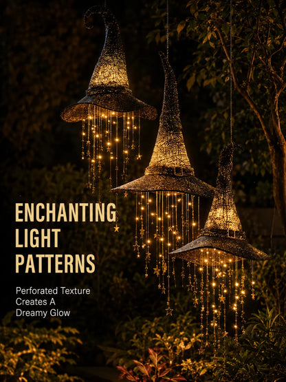 Lighted Hanging Witch Hats with Glowing Stars - Weatherproof LED Halloween Decor for Porch, Yard, Indoor
