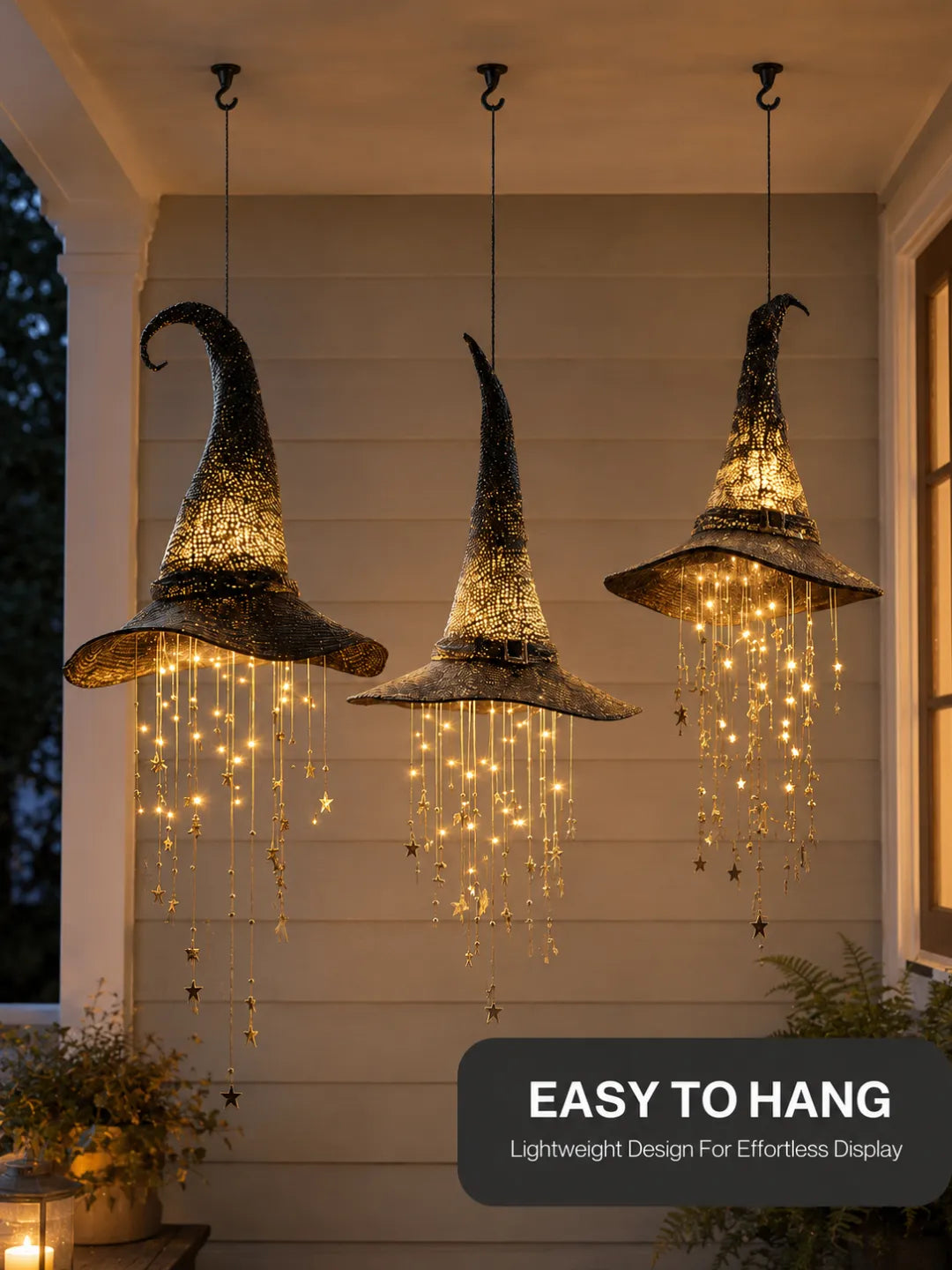 Lighted Hanging Witch Hats with Glowing Stars - Weatherproof LED Halloween Decor for Porch, Yard, Indoor