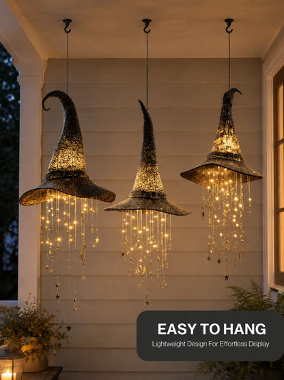 Lighted Hanging Witch Hats with Glowing Stars - Weatherproof LED Halloween Decor for Porch, Yard, Indoor