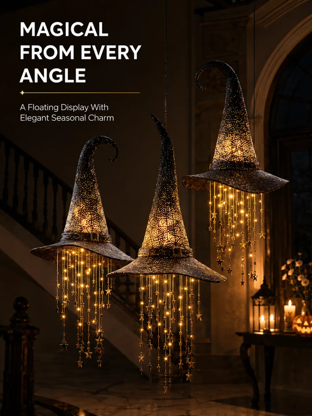 Lighted Hanging Witch Hats with Glowing Stars - Weatherproof LED Halloween Decor for Porch, Yard, Indoor