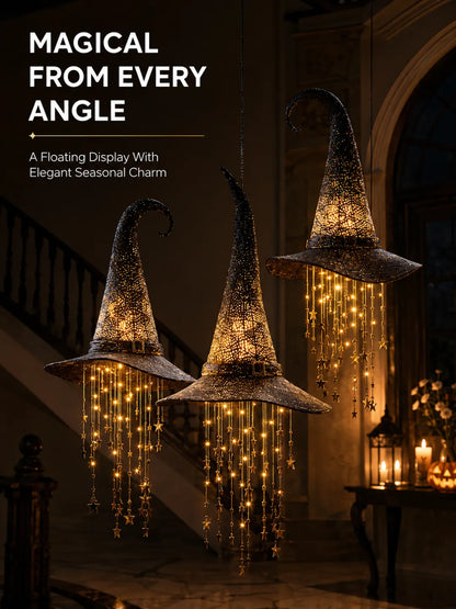 Lighted Hanging Witch Hats with Glowing Stars - Weatherproof LED Halloween Decor for Porch, Yard, Indoor
