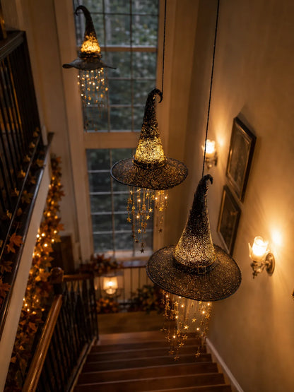 Lighted Hanging Witch Hats with Glowing Stars - Weatherproof LED Halloween Decor for Porch, Yard, Indoor