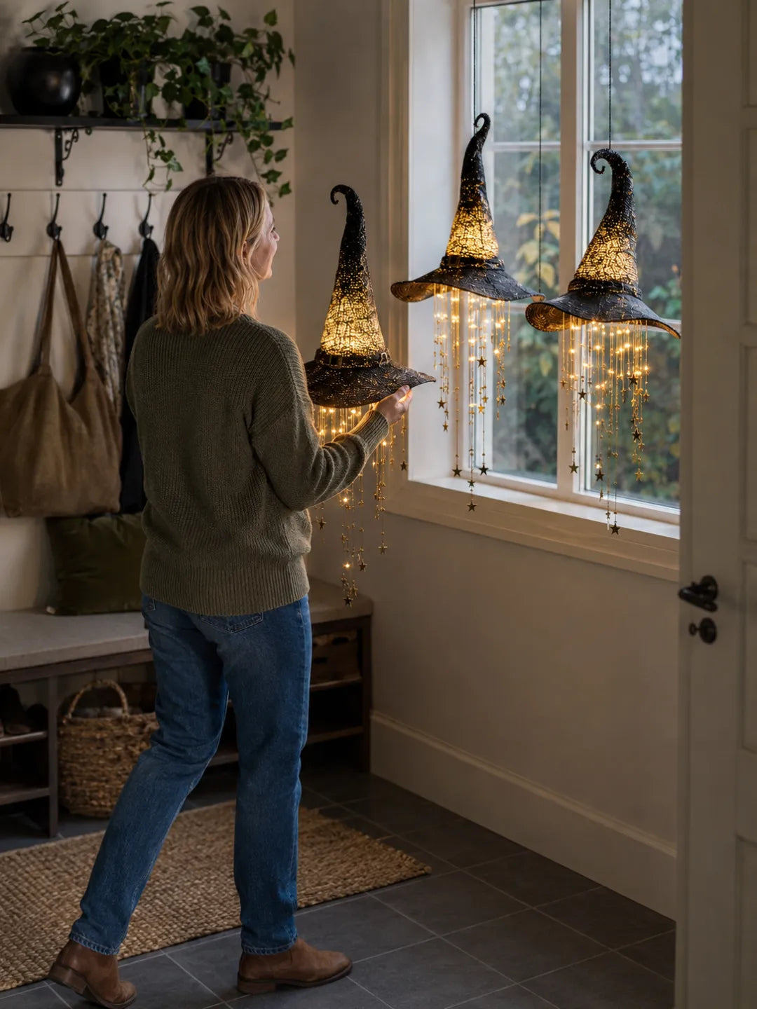 Lighted Hanging Witch Hats with Glowing Stars - Weatherproof LED Halloween Decor for Porch, Yard, Indoor