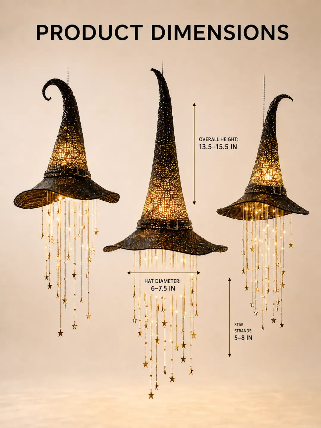 Lighted Hanging Witch Hats with Glowing Stars - Weatherproof LED Halloween Decor for Porch, Yard, Indoor