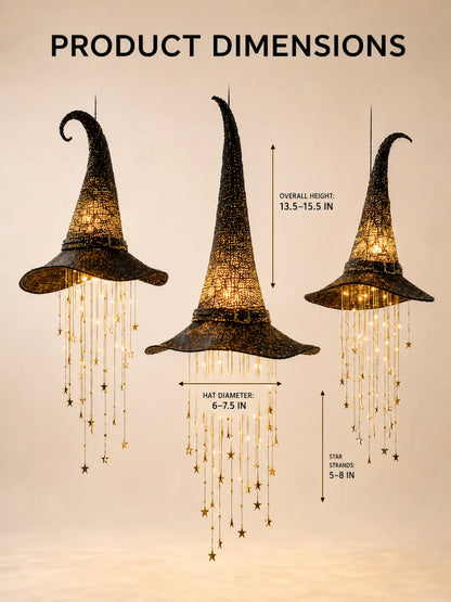 Lighted Hanging Witch Hats with Glowing Stars - Weatherproof LED Halloween Decor for Porch, Yard, Indoor
