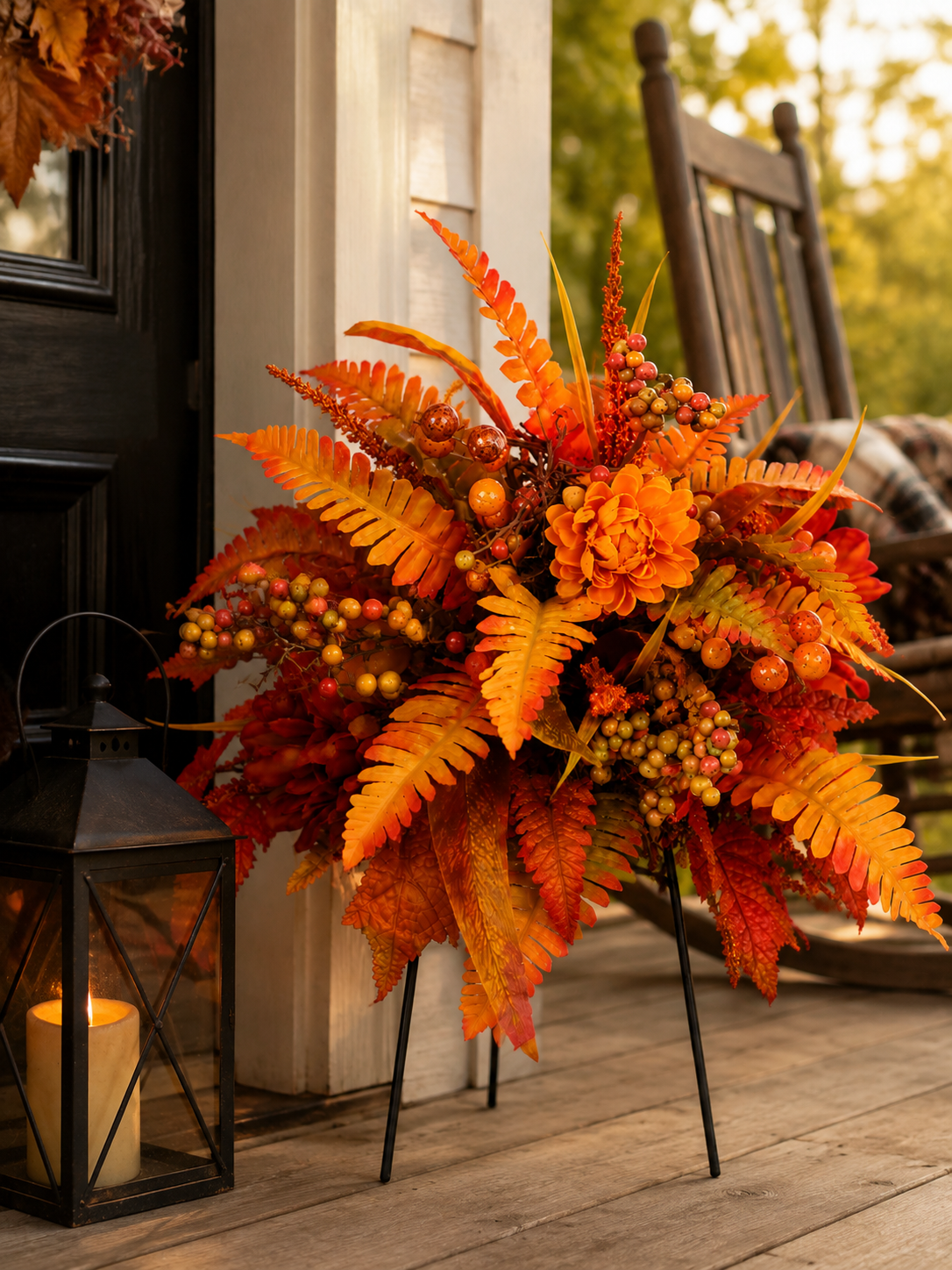 Autumn harvest arrangement welcoming front entrance