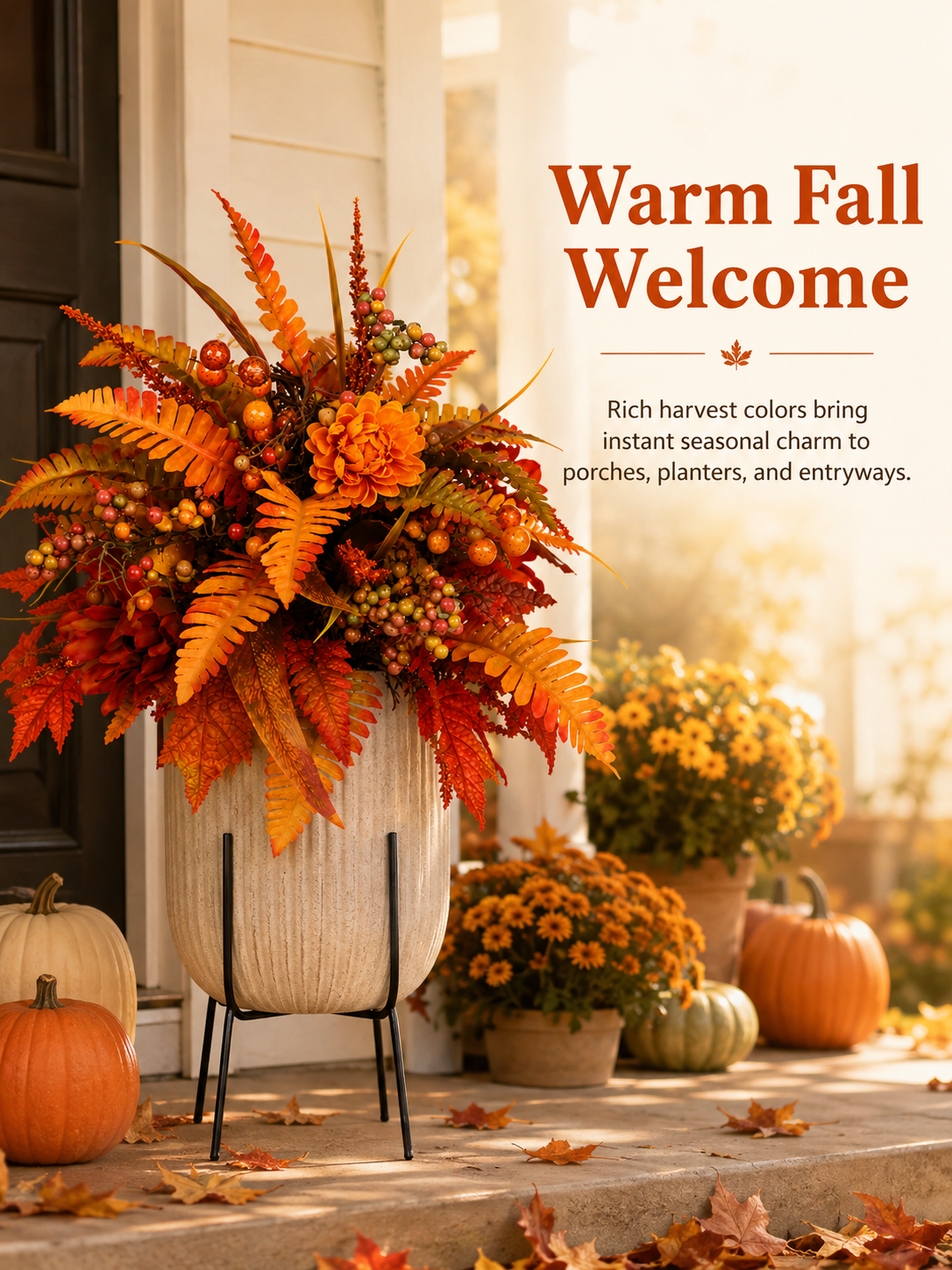 Autumn floral arrangement styled with pumpkins and mums