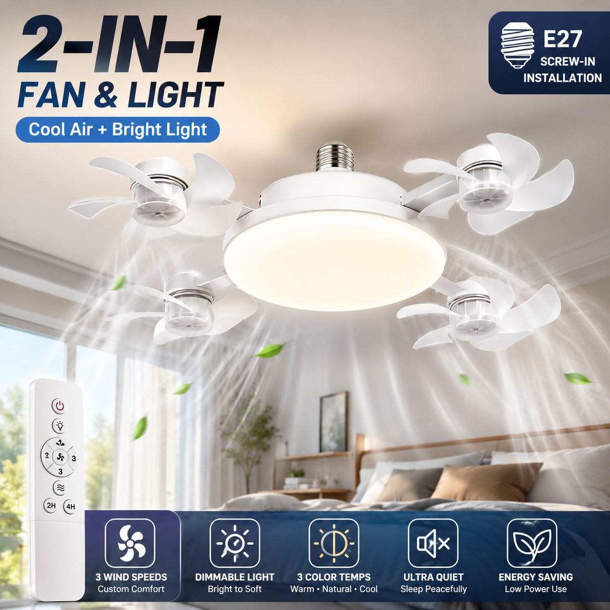 🔥 2-in-1 E27 Socket Ceiling Fan Light – Remote Control LED Cooling Fan & Dimmable Light Combo for Bedroom, Home & Apartment