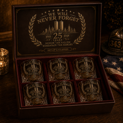 🕯️ 9/11 25th Anniversary Memorial Whiskey Decanter & Glass Gift Set – We Will Never Forget 343 Heroes Tribute