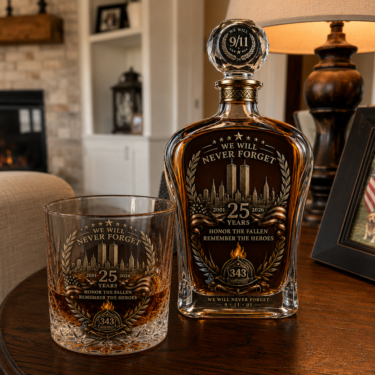 🕯️ 9/11 25th Anniversary Memorial Whiskey Decanter & Glass Gift Set – We Will Never Forget 343 Heroes Tribute