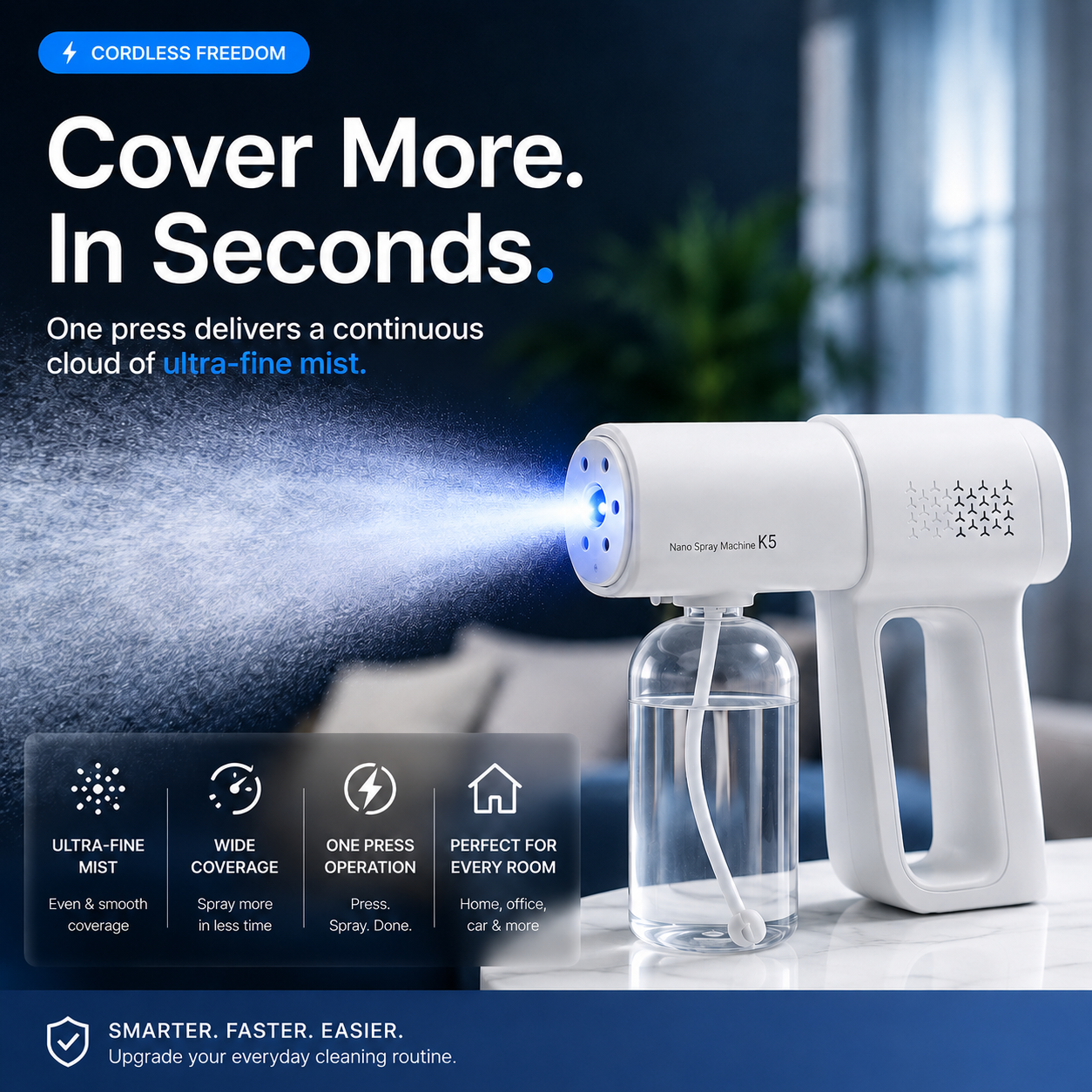 💨 Cordless Nano Mist Sprayer with UV Light – 2-Speed Fine Mist Spray Gun
