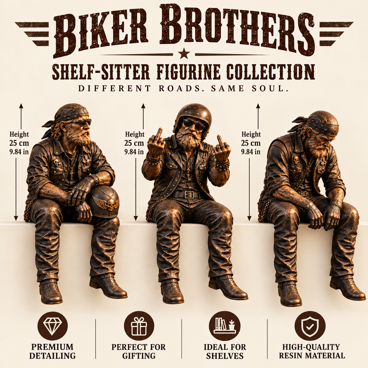 Old Biker Soul Shelf Sitter Collection – Rustic Motorcycle Rider Figurines for Men