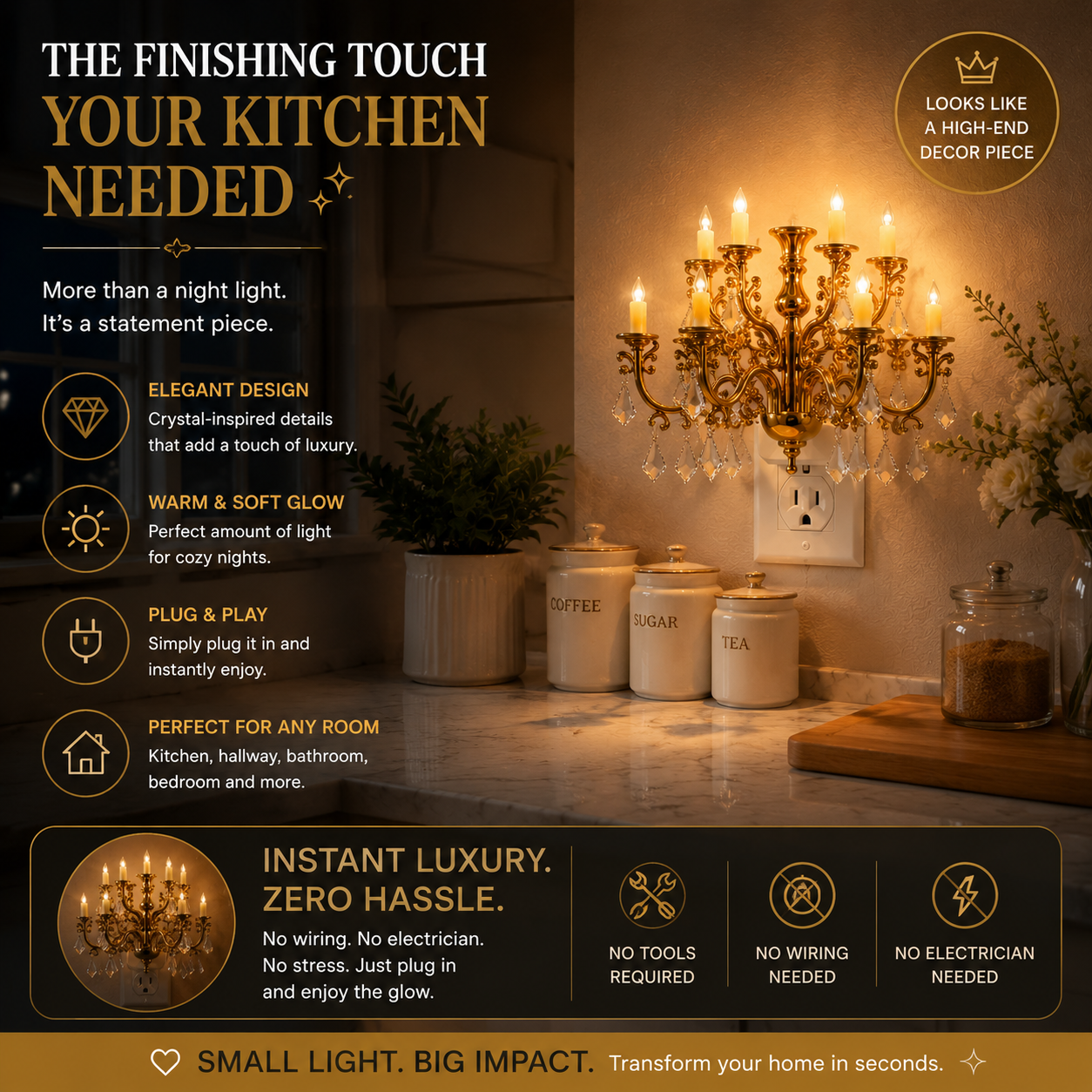 🔥50% off on the last day| 💎 Crystal Chandelier Plug-In Night Light – Instant Luxury Home Decor Outlet Lamp for Kitchen & Bedroom