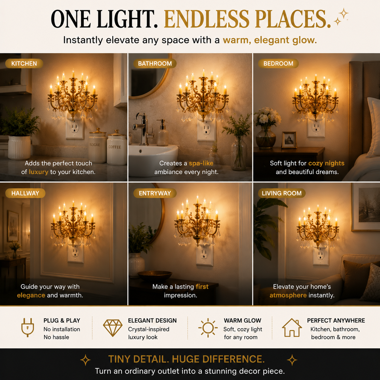 🔥50% off on the last day| 💎 Crystal Chandelier Plug-In Night Light – Instant Luxury Home Decor Outlet Lamp for Kitchen & Bedroom