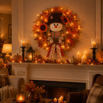 🍂🌻 Lighted Scarecrow Fall Wreath for Front Door