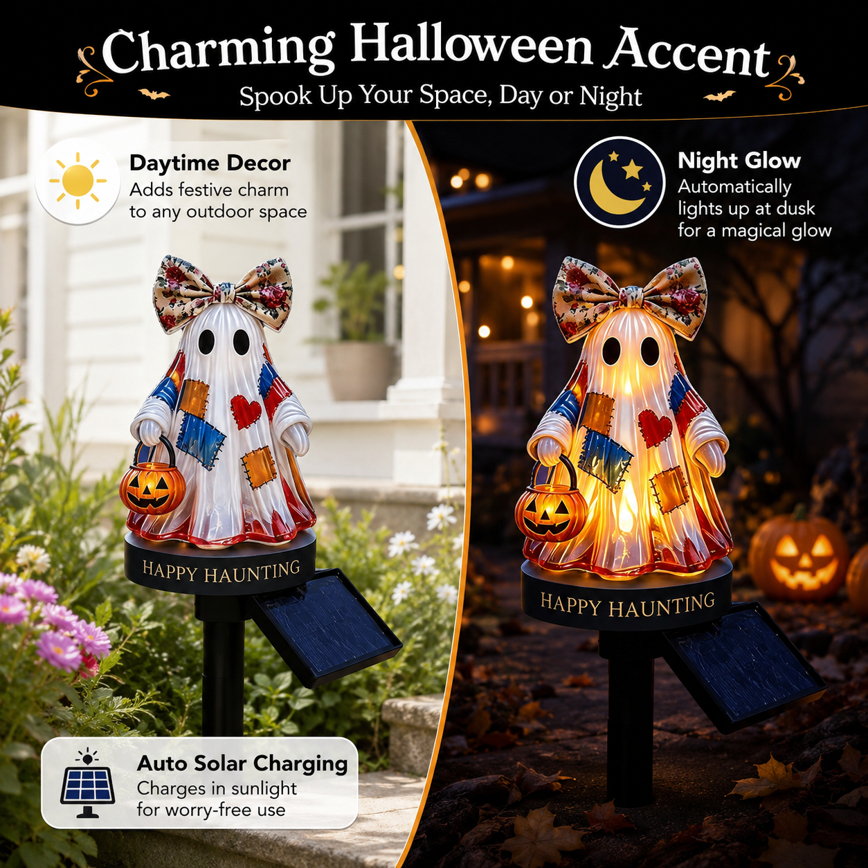 👻Patchwork Ghost Solar Garden Stake Light | Cute Halloween Decorative Pathway Lamp