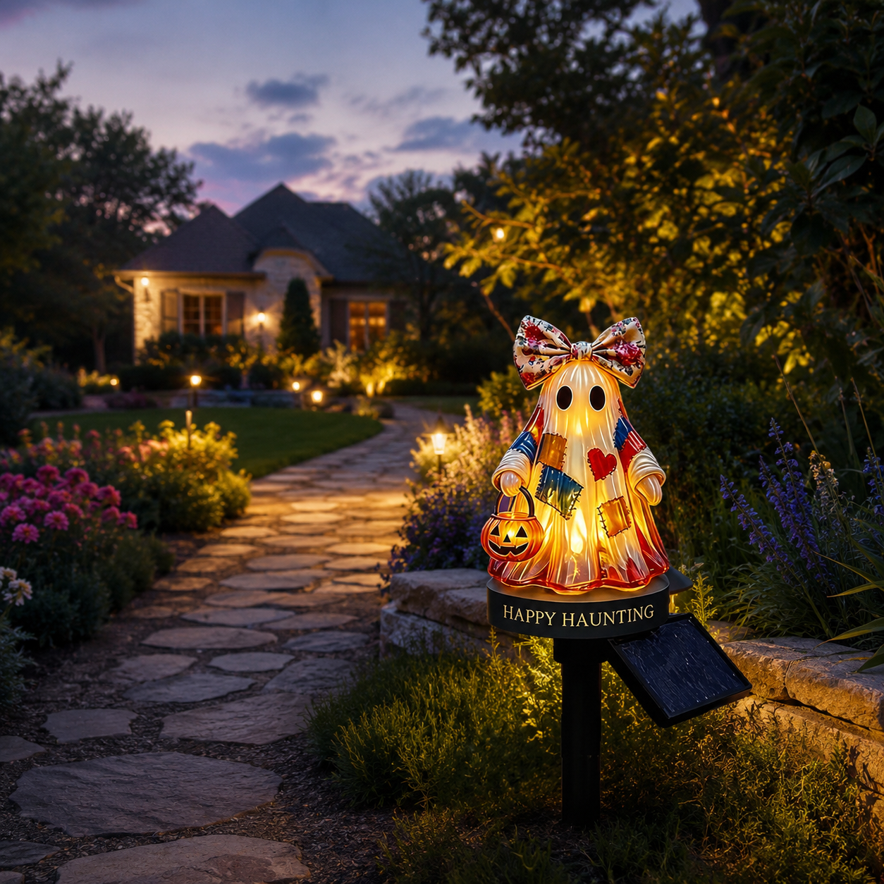 👻Patchwork Ghost Solar Garden Stake Light | Cute Halloween Decorative Pathway Lamp