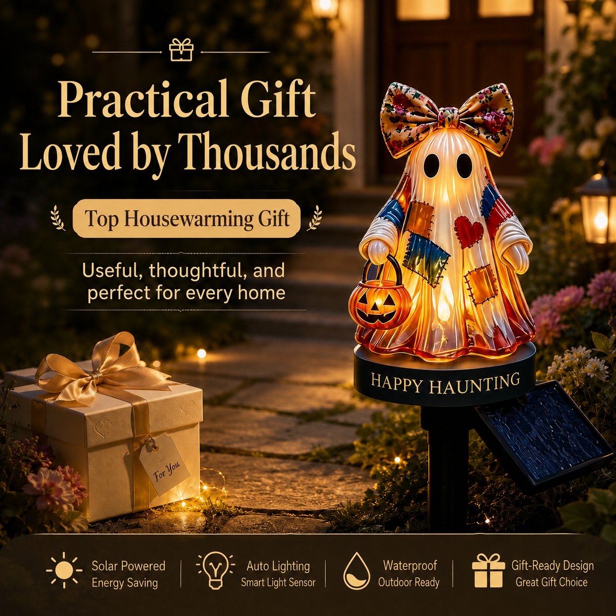 👻Patchwork Ghost Solar Garden Stake Light | Cute Halloween Decorative Pathway Lamp