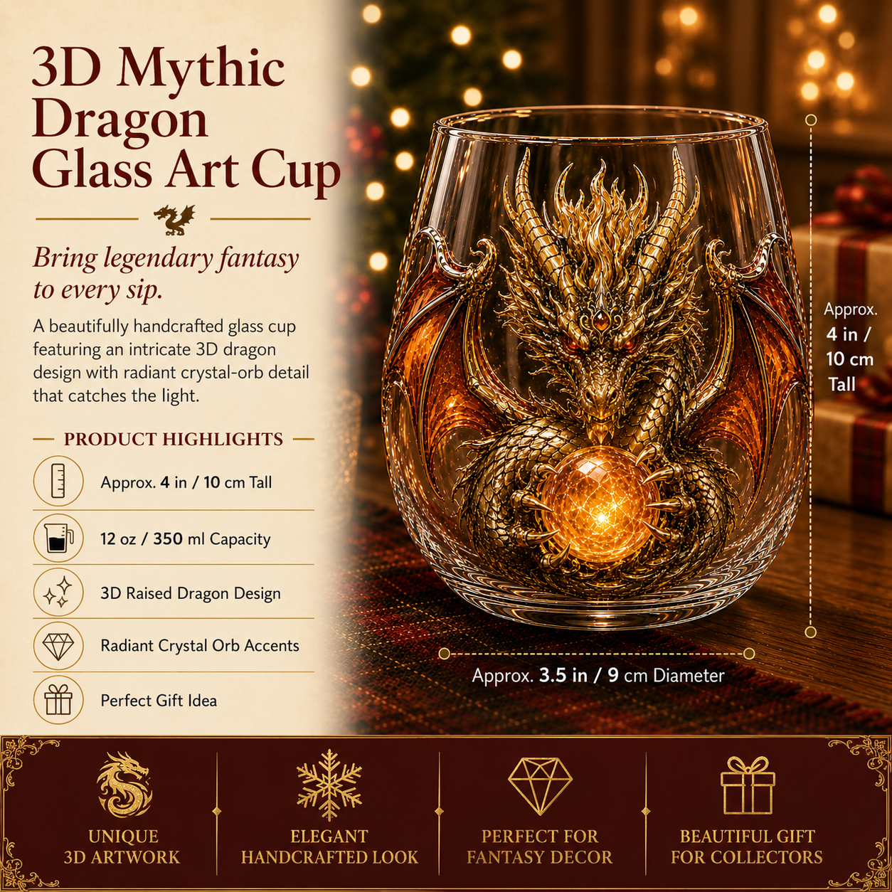 🐉 3D Mythic Dragon Glass Art Cup | Luxury Raised Fantasy Glassware for Whiskey✨