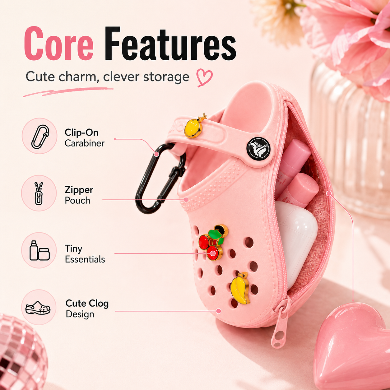✨ Mini Clog Charm Pouch – Cute Bag Pendant with Carabiner Clip & Coin Holder
