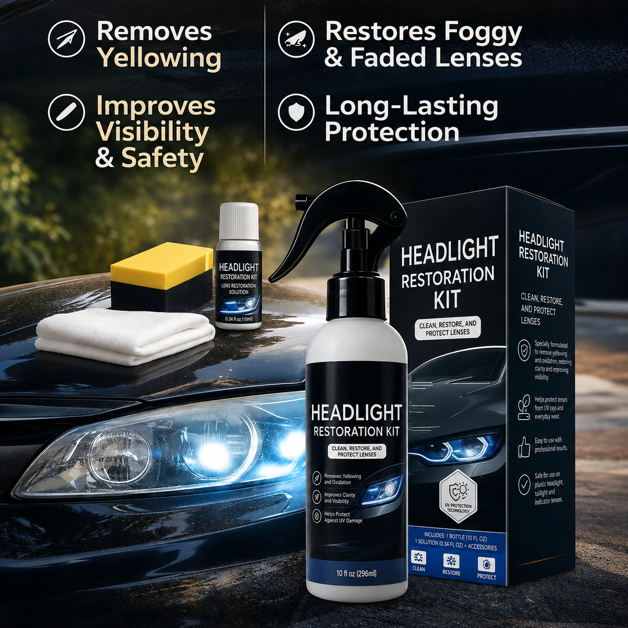 🚘Automotive Headlamp Restoration Fluid Kit – 💡Suitable for Yellowed or Foggy Lenses & Clear Surfaces | Essential for Home & Garage Use🏠