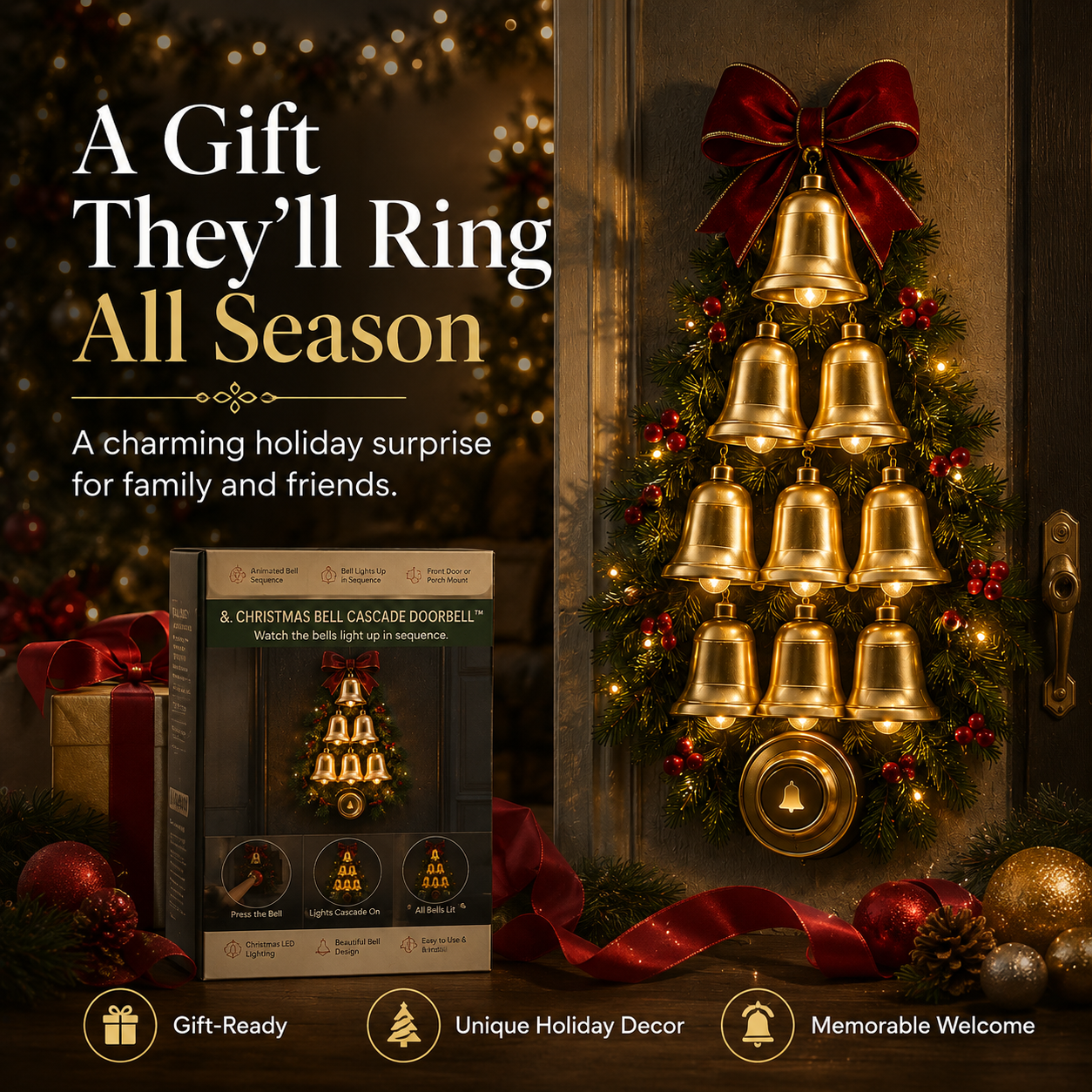 🔔 Christmas Bell Cascade Doorbell– Light-Up Holiday Chime Door Decor 🎄