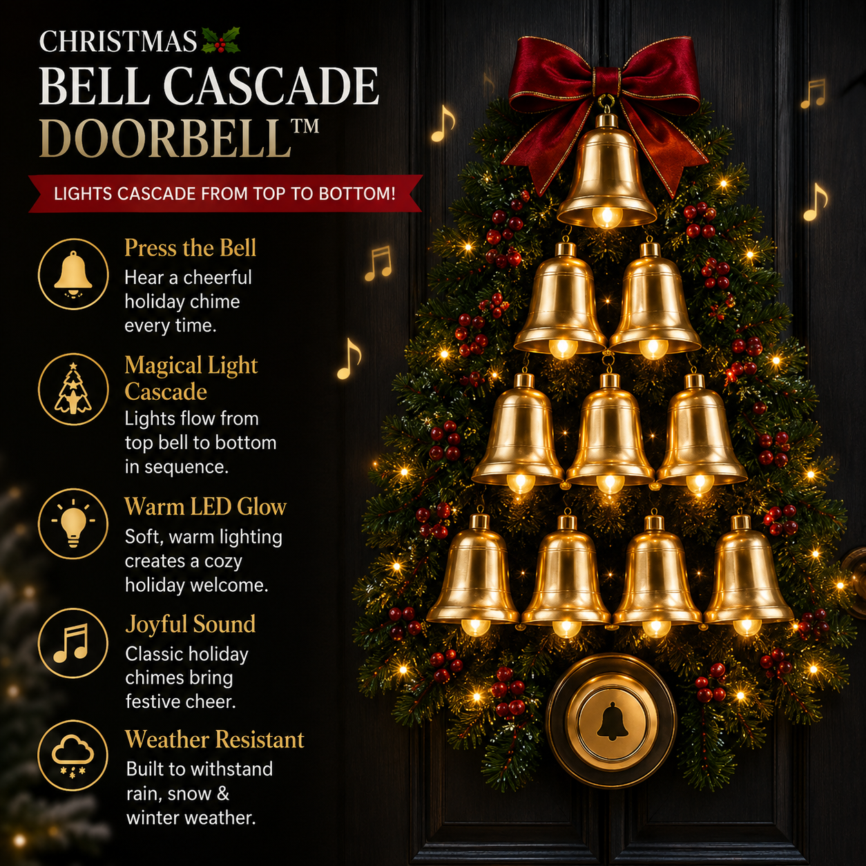 🔔 Christmas Bell Cascade Doorbell– Light-Up Holiday Chime Door Decor 🎄