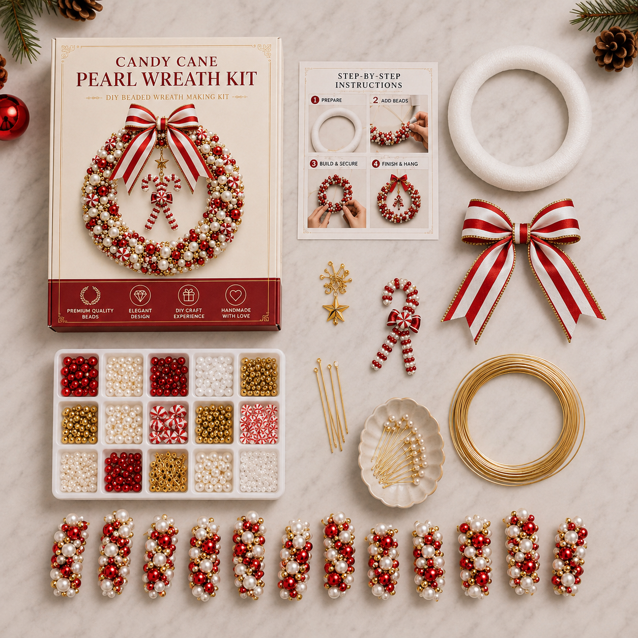 🎁 DIY Pearl Wreath Making Kit – Elegance Handmade Beaded Christmas Wreath Keepsake 🎄