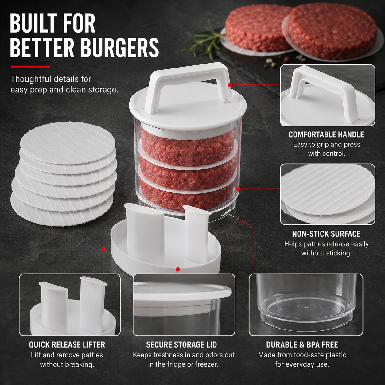 Non-Stick Burger Mold Shaper with Freezer Storage Container - 12-Piece Set with 8-Layer Plastic Discs