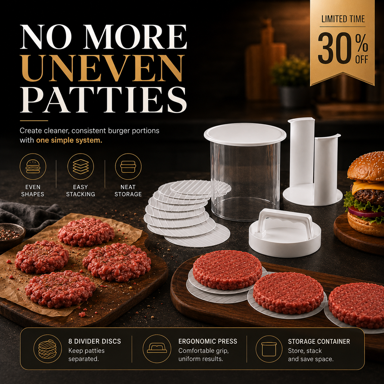 Non-Stick Burger Mold Shaper with Freezer Storage Container - 12-Piece Set with 8-Layer Plastic Discs