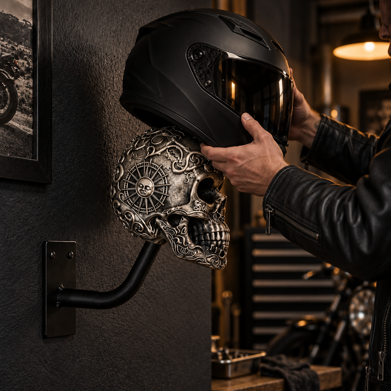 💀 Motorcycle Skull Helmet Holder – Garage Display Wall Mount
