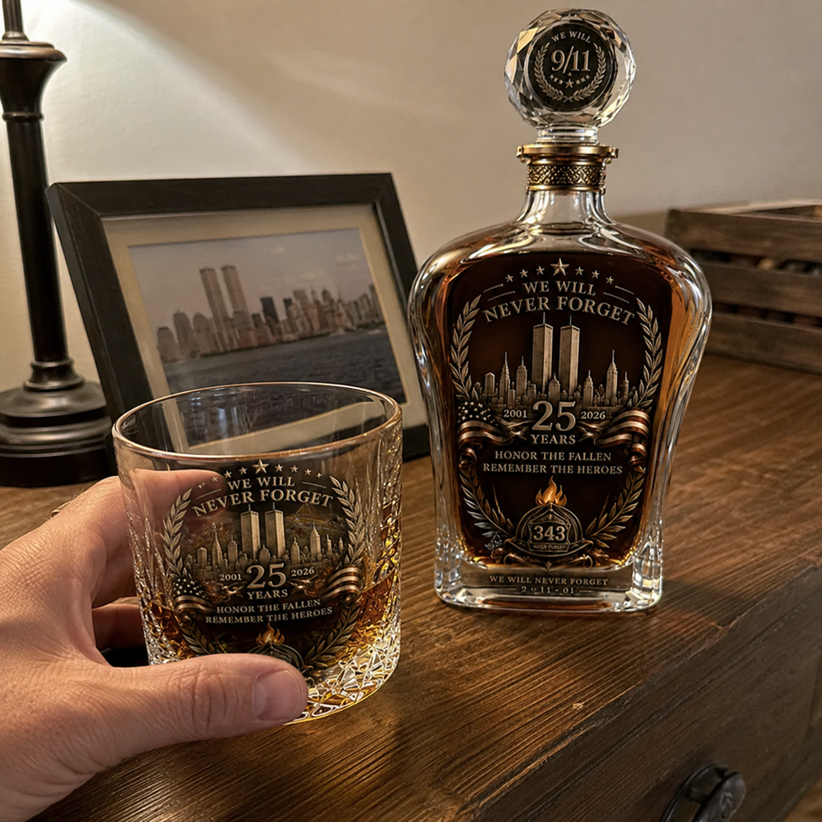 🕯️ 9/11 25th Anniversary Memorial Whiskey Decanter & Glass Gift Set – We Will Never Forget 343 Heroes Tribute