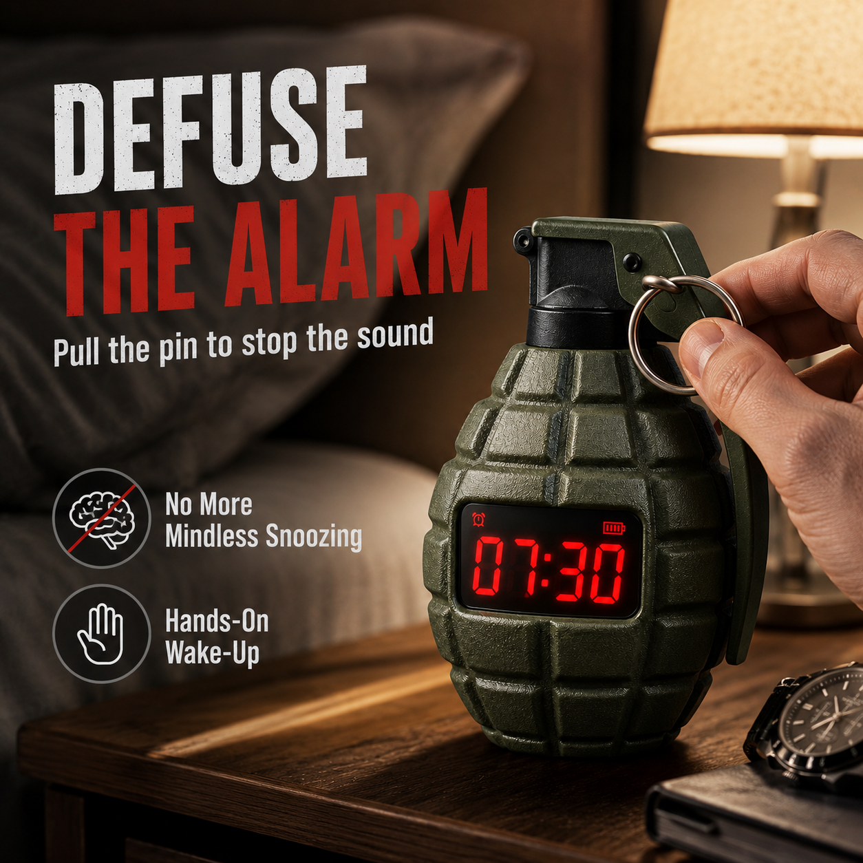 💣 Tactical Grenade Alarm Clock | Loud Interactive Alarm for Heavy Sleepers