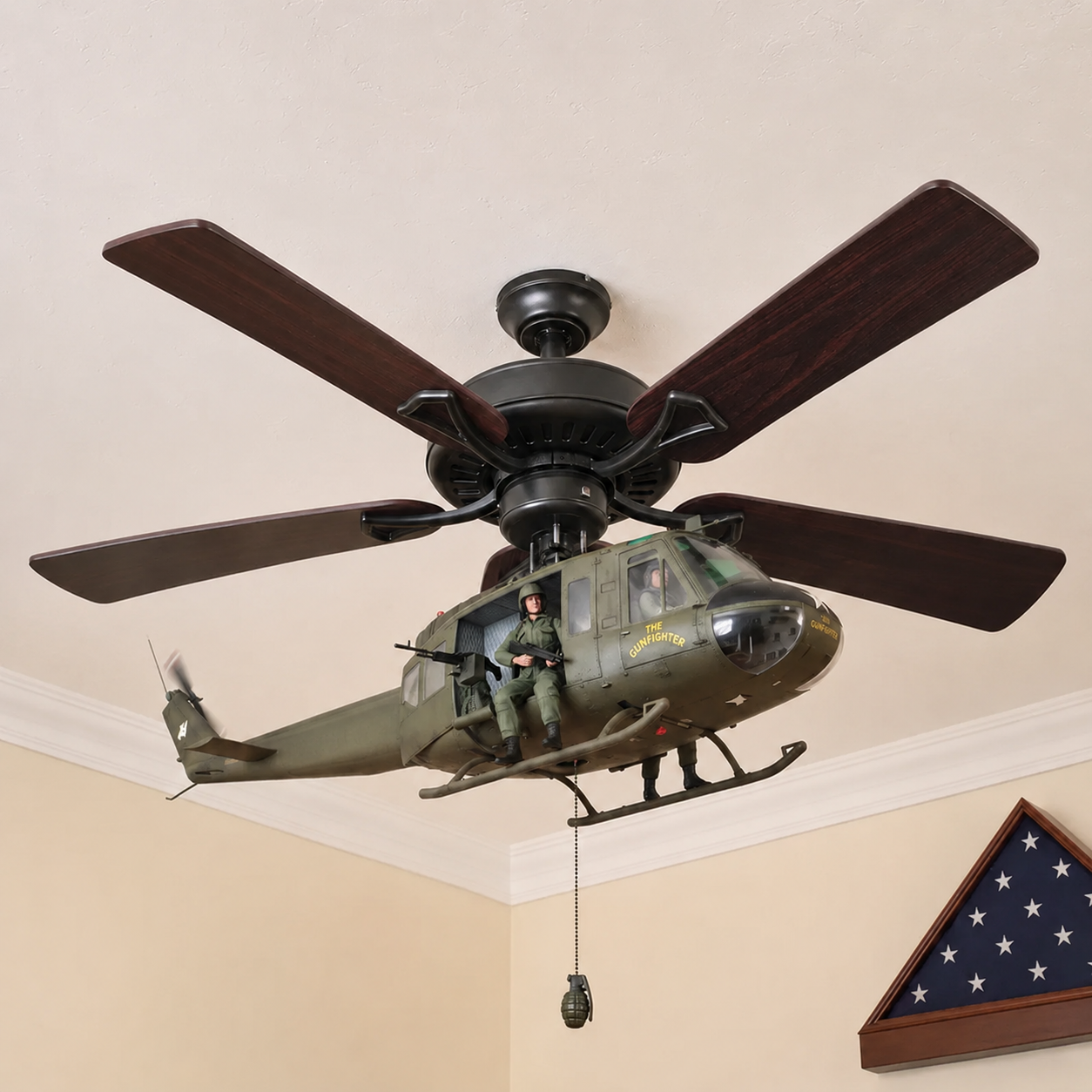 🚁 Military Helicopter Ceiling Fan Decor – Realistic Hanging Ornament for Man Cave & Home