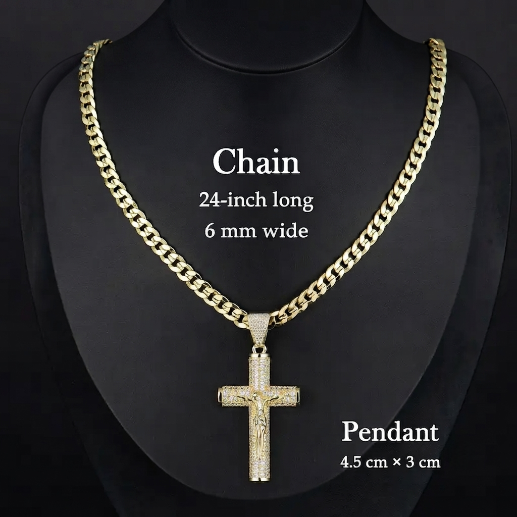 ✨ Gold-Plated Cuban Figaro Cross Necklace – 24" Miami Crucifix, Handcrafted Polished, Perfect Father's Day Gift
