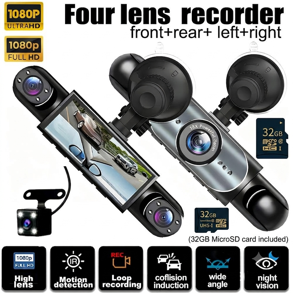 🚨[Best Seller] Stop Driving Blind! 4-Way Simultaneous Recording Dash Cam - 360° Full Coverage