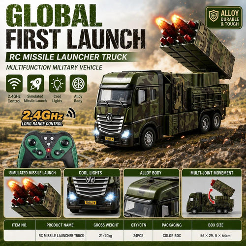 1:32 Alloy RC 12-Shot Missile Launch Truck - Remote Control Military Rocket Vehicle with Lights & Sound