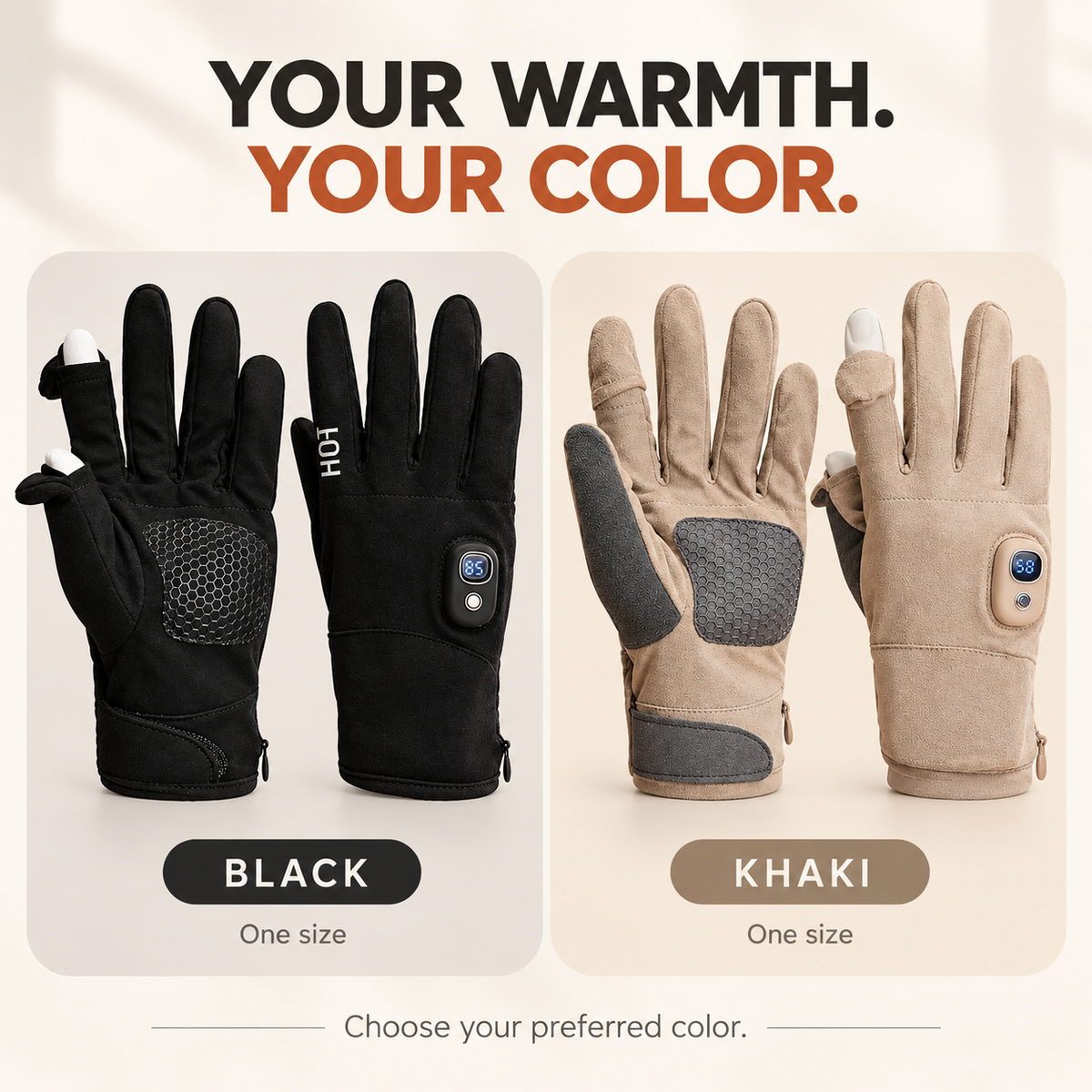 Black and khaki heated gloves in one size
