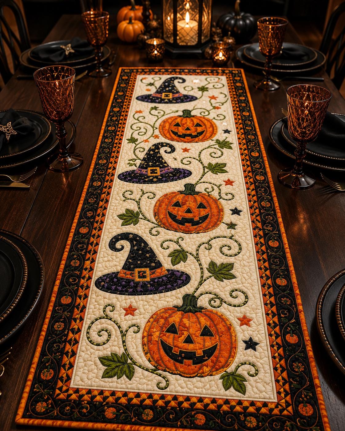 Halloween pumpkin and witch hat quilted table runner on a dark dining table