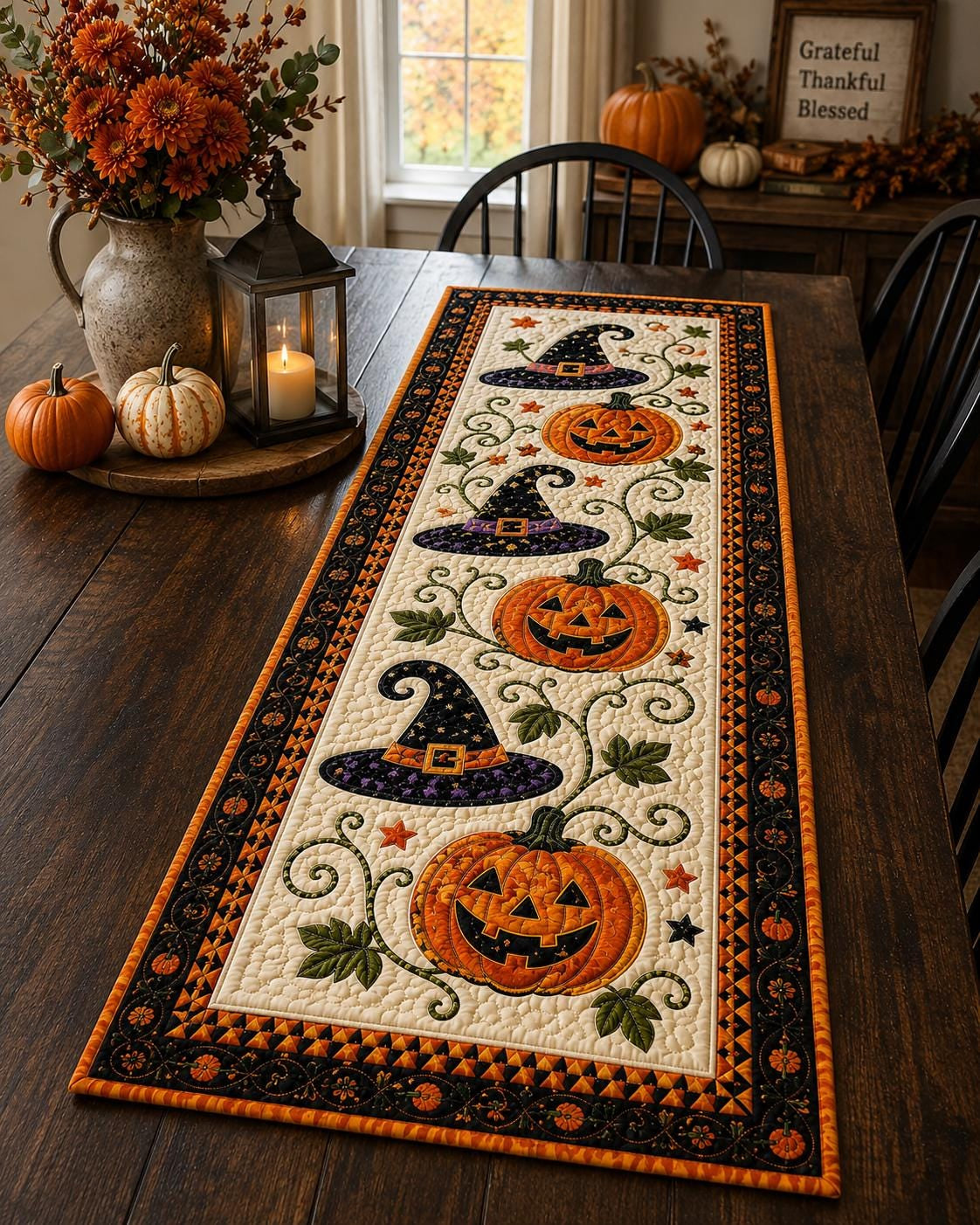 Fall Halloween runner styled with pumpkins and lantern