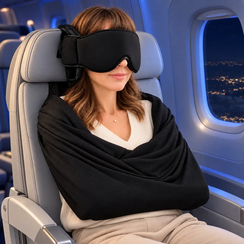 3-in-1 Airplane Sleep Support System – Travel Pillow, Eye Mask & Body Sling