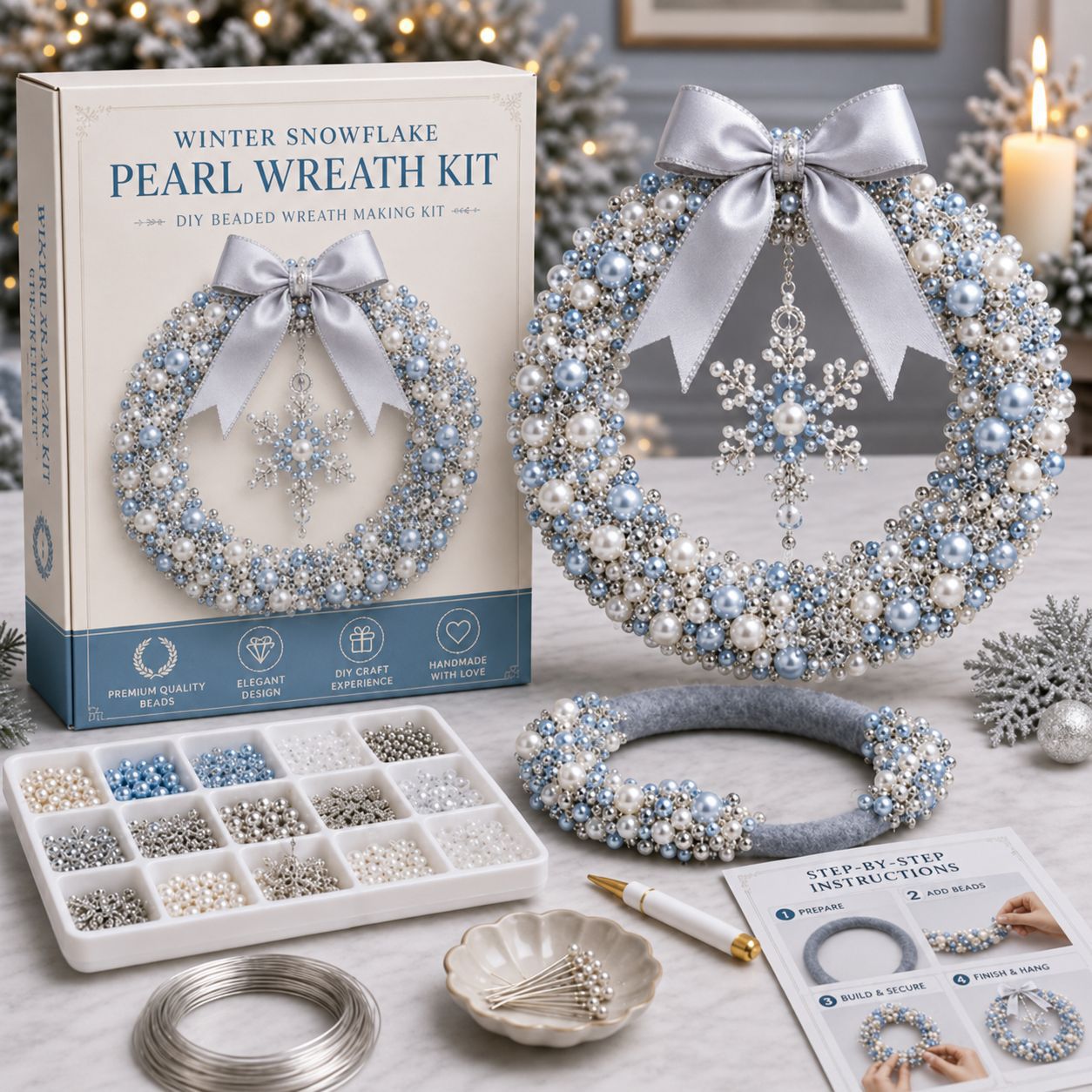 🎁 DIY Pearl Wreath Making Kit – Elegance Handmade Beaded Christmas Wreath Keepsake 🎄