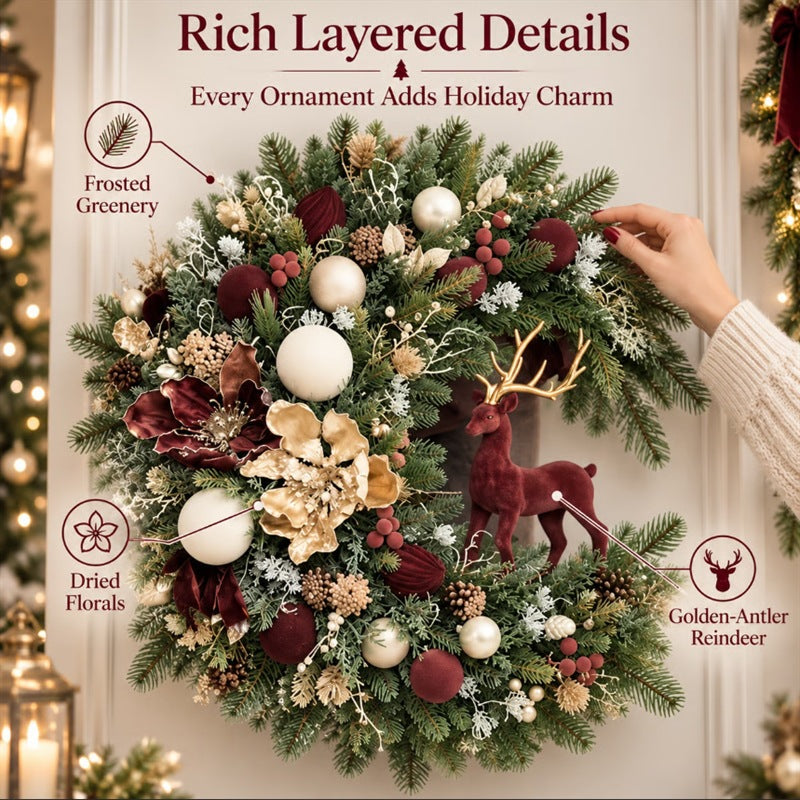 The Hearthside Velvet Reindeer & Vintage Floral Christmas Wreath