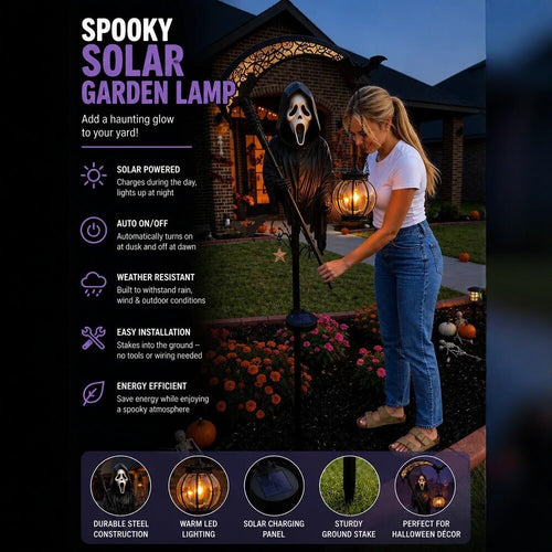 Spooky Solar Halloween Grim Reaper Light with Lantern – Outdoor Lawn & Pathway Stake Light for Haunting Yard Decor