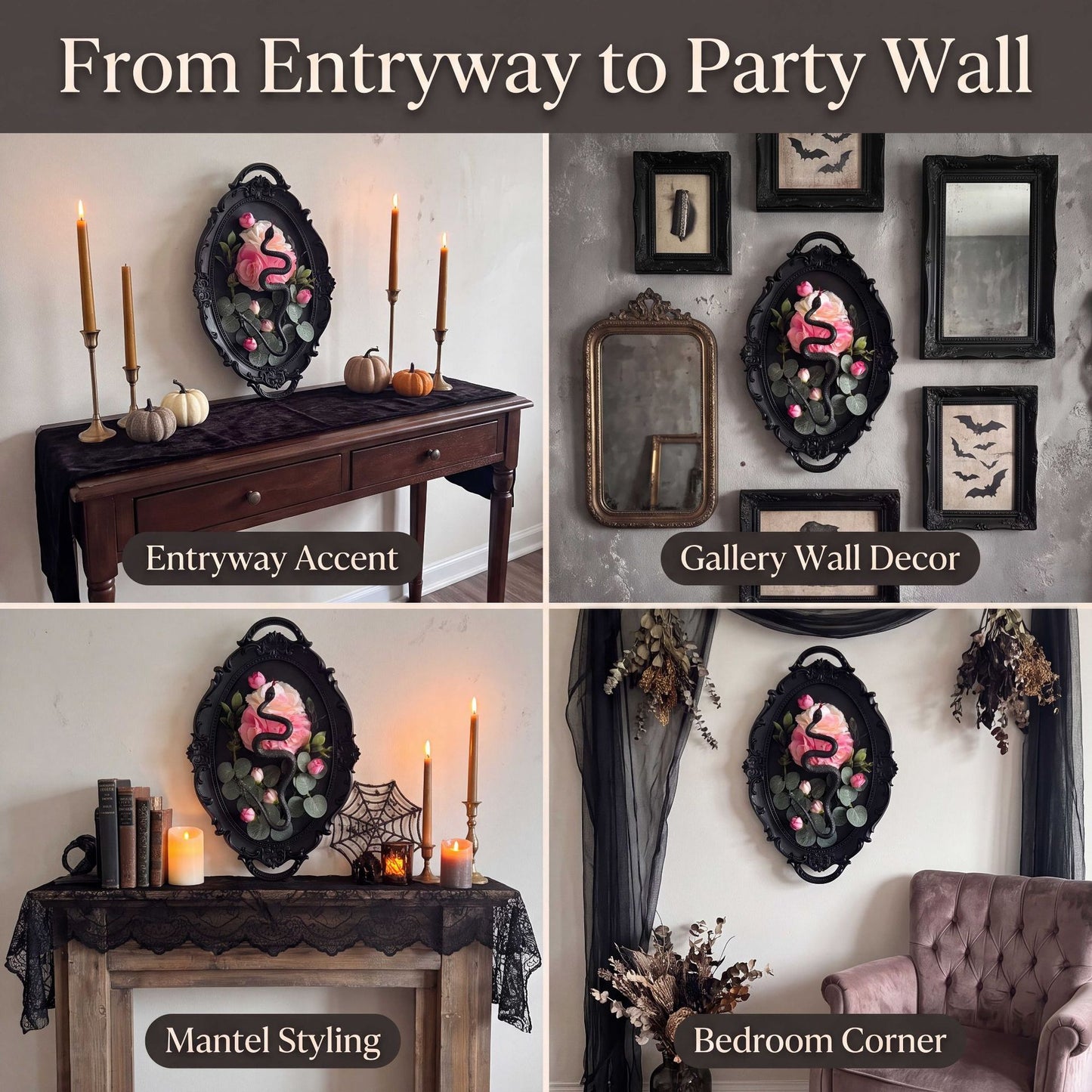 Black Snake & Rose Gothic Wall Frame – Dark Floral Halloween Decor