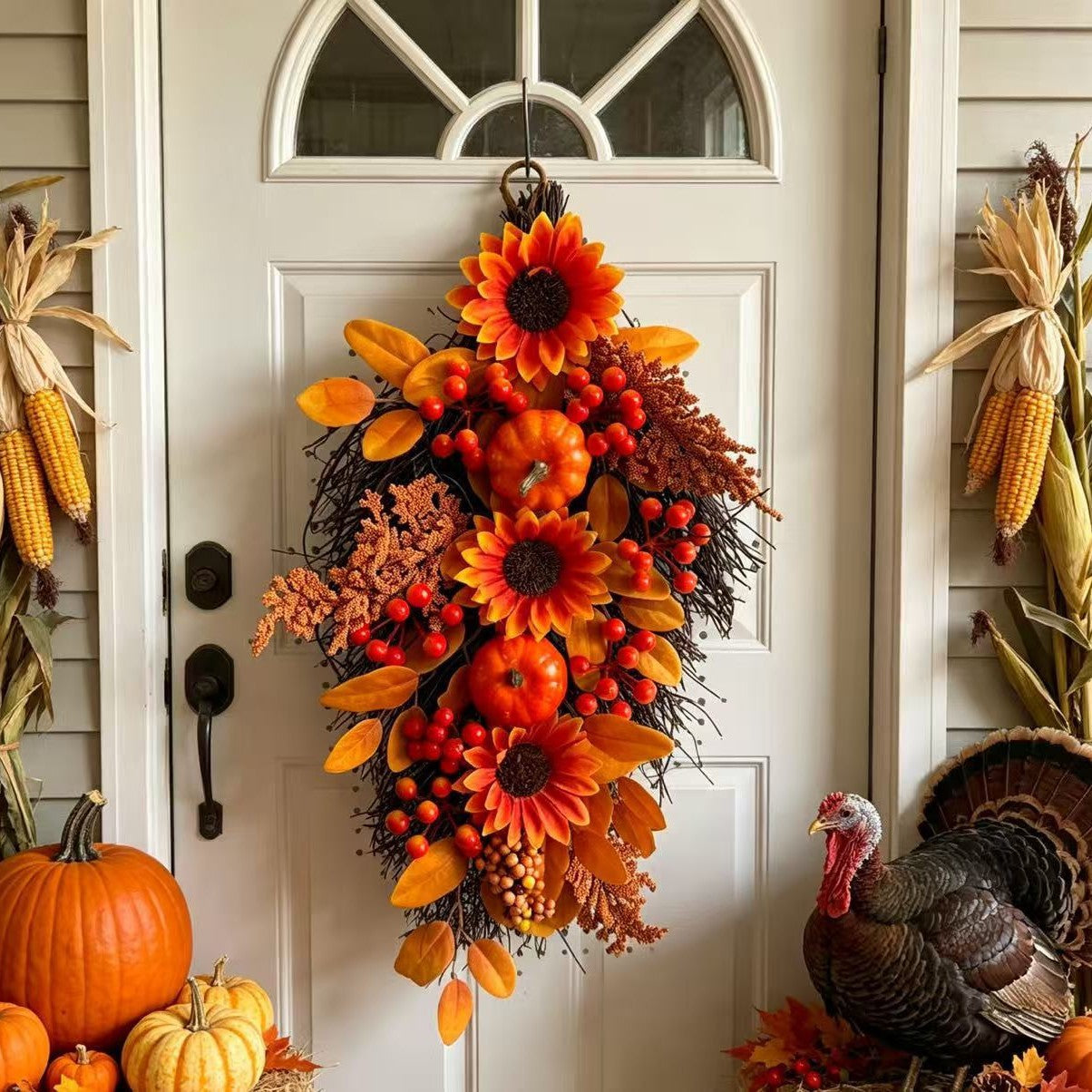 🍂 22" Harvest Teardrop Swag 🎃 Faux Autumn Front Door & Thanksgiving Decor 🌾